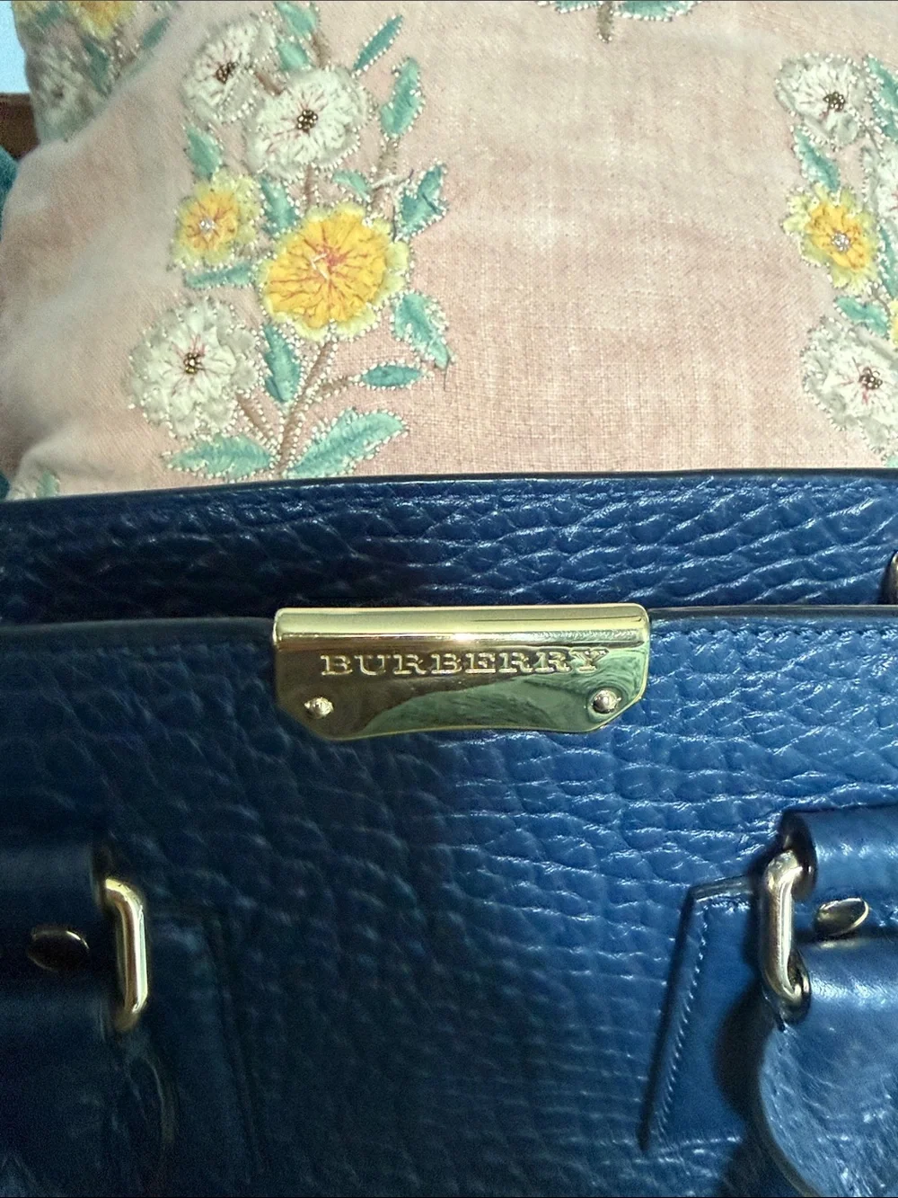 Burberry Navy Textured Leather Mini Satchel with Gold Hardware